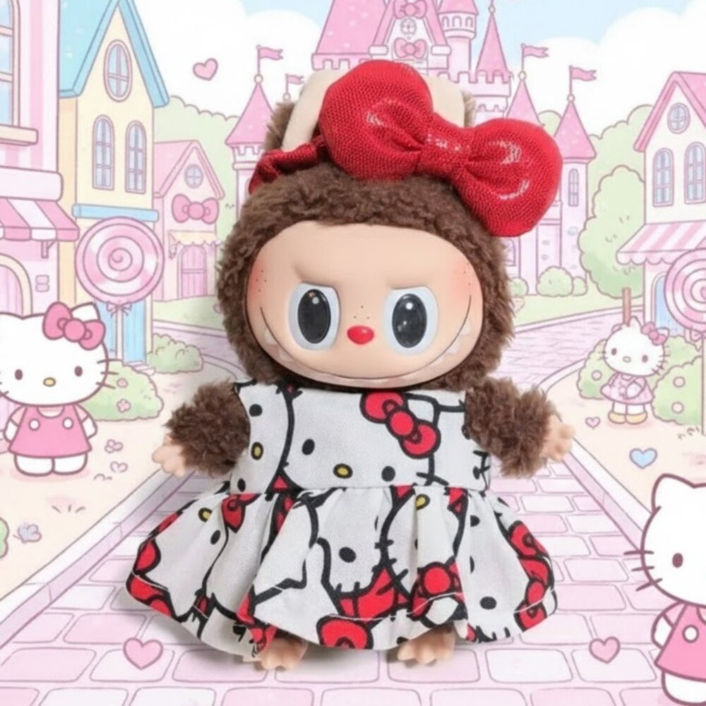 Hello Kitty Dress and Metallic Bow Made to fit Labubu Outfit